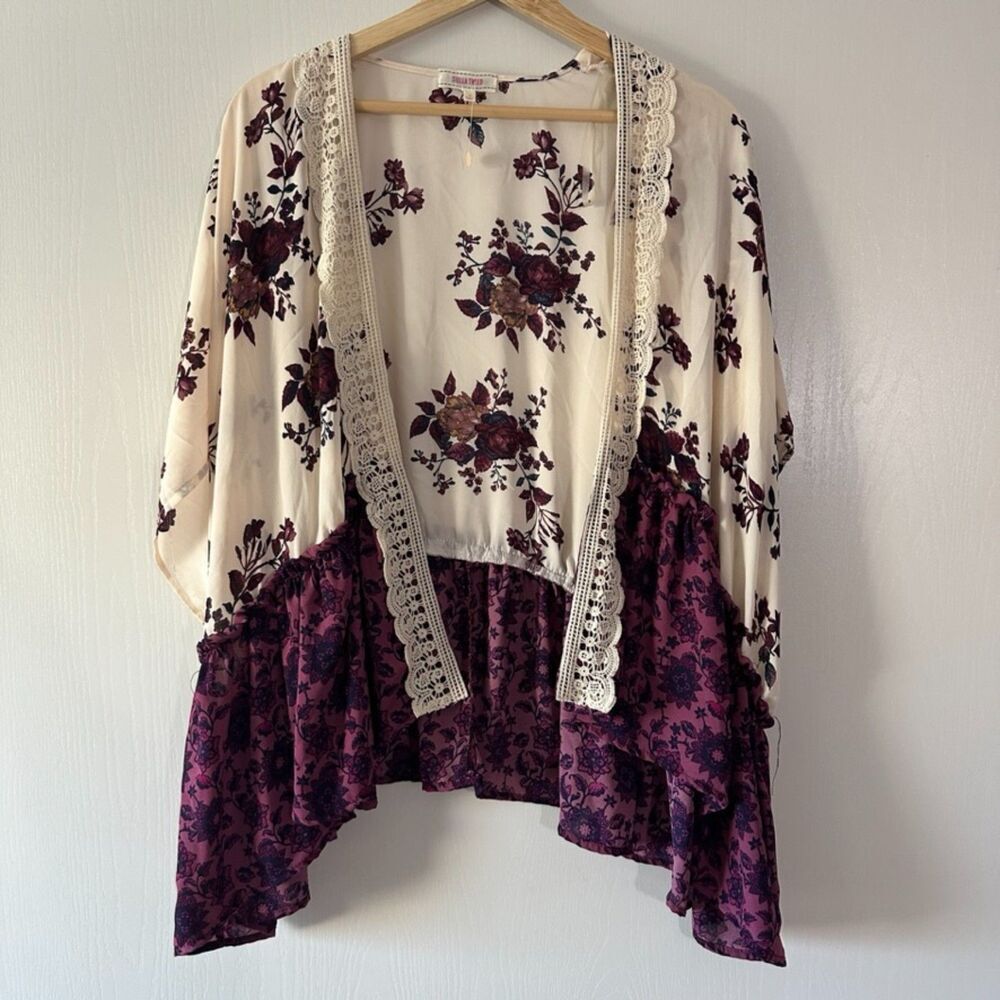 Stella Tweed Sheer Mixed Burgundy Floral Kimono Cover Up Cream Plum Size Medium